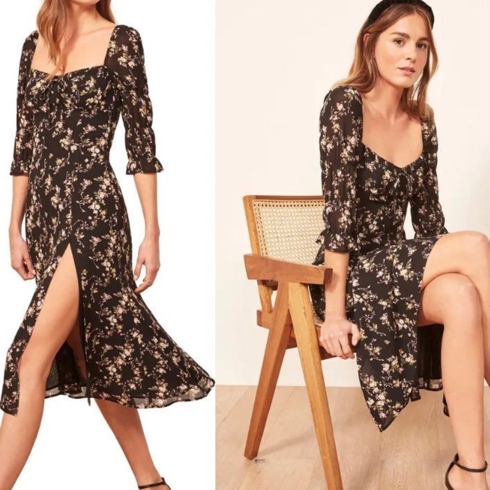 Reformation Marnie Black Floral Midi Dress